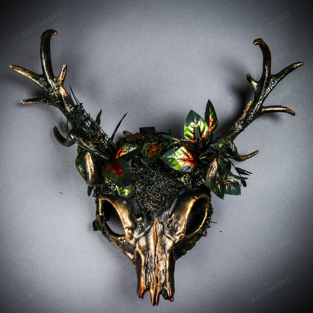 Antelope Devil Deer Horn Skull Woodland Forst Ghost Masquerade Mask - Green Gold